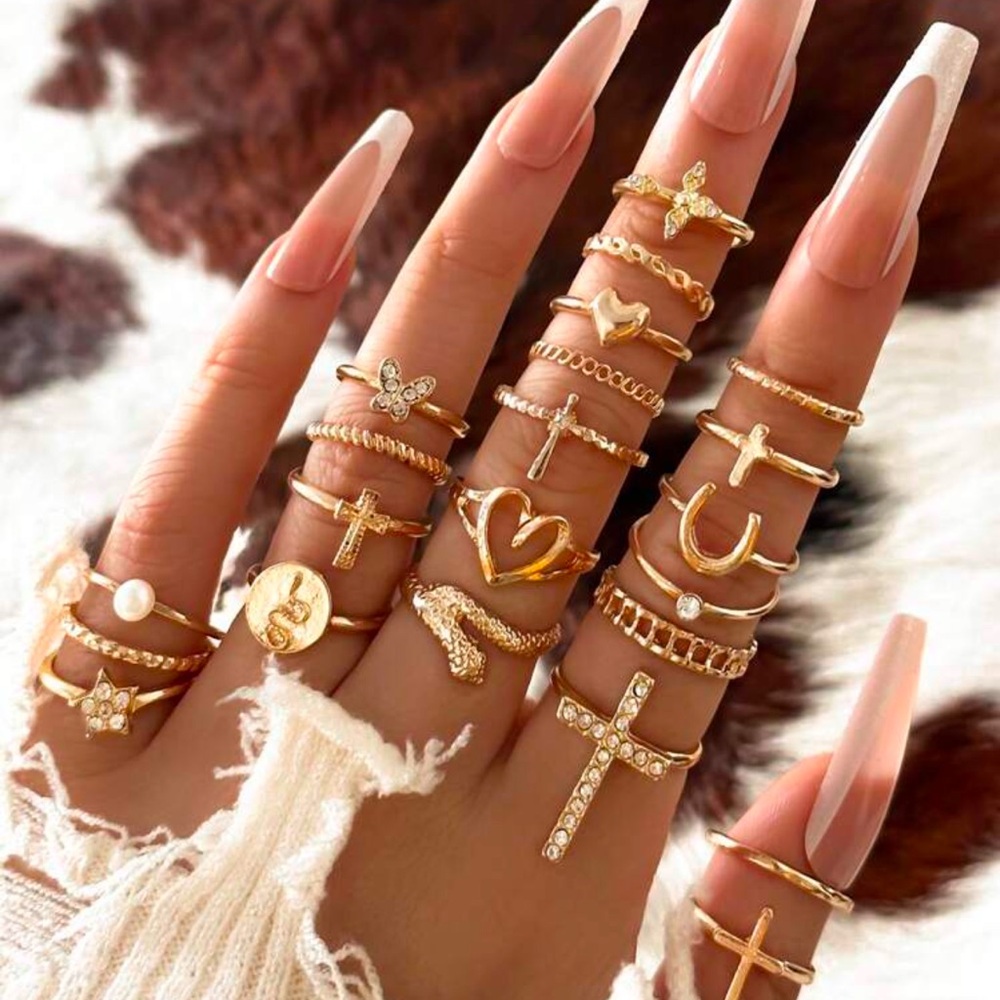 22pcs Rhinestone Inlaid Fashion Ring Y2k Punk Cross Butterfly Heart Ring Set